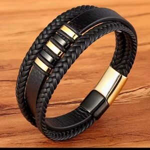 Men's Leather Bracelet Layered‎ Braided Black New f15
